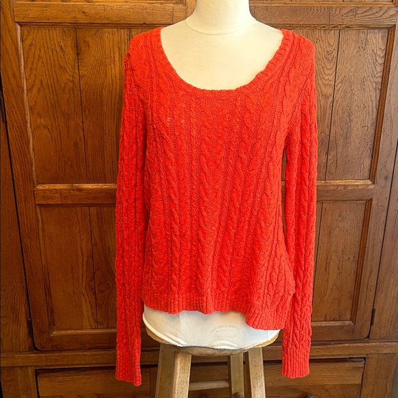 Lucky Brand Sweaters - LUCKY BRAND🍁Vibrant Coral Cable Knit Scoop Neck Sweater Size Medium